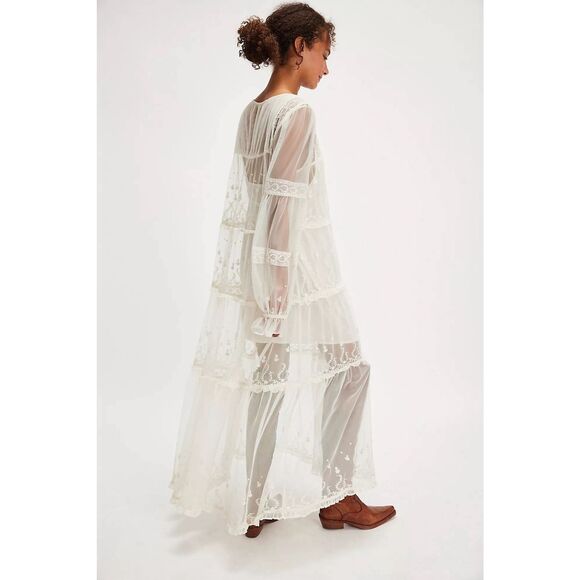 New Free People Stevie Maxi Dress Embroidered Sheer Mesh Ruffled Lined Sz Medium - Picture 3 of 9